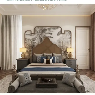 This serene and refined bedroom balances elegance with modern warmth. The statement headboard wall, featuring a custom mural, is the centerpiece, complemented by muted tones and layered textures.