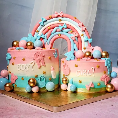 A unique take on a gender reveal, with two cakes connected by a rainbow. This "Boy or Girl?" set is a fun and grand way to share your exciting news.