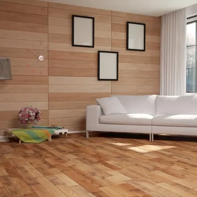 This living room showcases a classic light wood flooring paired with a matching wood-paneled accent wall. This combination creates a warm, cohesive, and modern Scandinavian-inspired look that is both timeless and inviting.