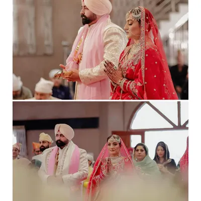 A collage from a traditional Sikh wedding, capturing the couple during the Anand Karaj ceremony. We focus on both the solemn rituals and the candid moments between the couple and their families.