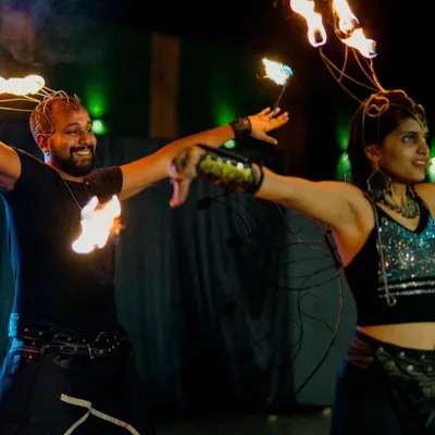 A synchronized fire act with my partner Yacobeh at a wedding in Mysore. Our duo performances are built on trust, chemistry, and a shared passion for flow arts.