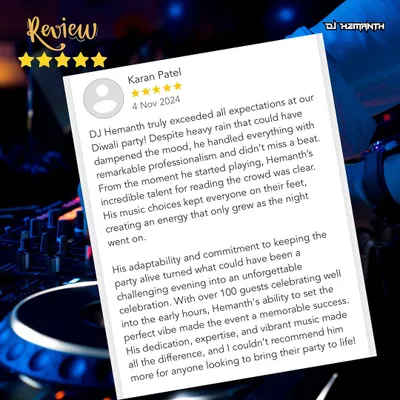 This review from Karan's Diwali party means a lot. Despite heavy rain, we kept the party alive for over 100 guests. It shows my commitment to making any event a success, no matter the challenges.