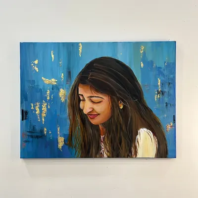 A finished self-portrait on canvas, created with acrylics and touches of gold leaf. This piece is very special to me, a quiet moment of self-reflection captured in paint.