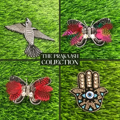 A collage of our quirky embroidered patches, including a silver bird, feather-winged butterflies, and a beaded Hamsa hand. These are perfect for adding a unique, bohemian touch to your outfits.
