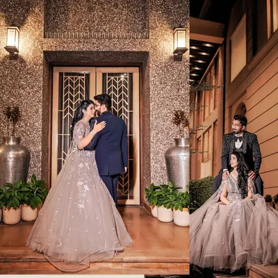 A happy couple at their engagement. I designed the groom's custom tuxedo with a textured jacket, a classic waistcoat, and a bow tie for a sharp, celebratory look.