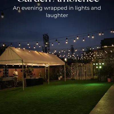 An evening at the Terrace Garden, wrapped in the warm glow of string lights, creating a perfect garden ambiance for laughter and celebration.