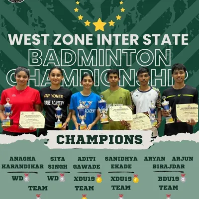 A showcase of "super dominance." Our players with their 11-medal haul from the West Zone Inter-State Badminton Championship, including multiple gold, silver, and bronze medals across team and individual events.