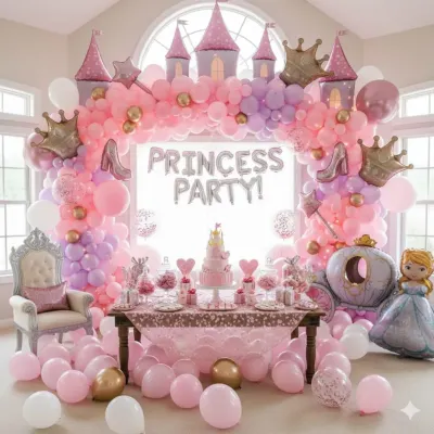 We bring fairy tales to life with our Princess Party theme. This grand setup features a full balloon arch in shades of pink, purple, and gold, complete with castle and crown foil balloons. The arrangement frames a beautifully decorated dessert table, creating a magical backdrop for your little one's celebration.