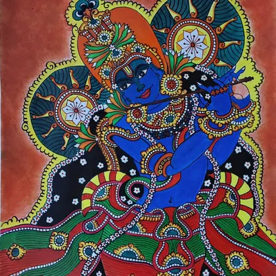 My large 14x18 inch Kerala mural of Murali Madhava, showing a detailed and ornate Krishna playing his flute. This piece is filled with intricate patterns and traditional colors.