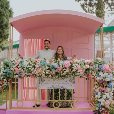 This 'Amour Express' train carriage was custom-built for a couple who met on a train journey 15 years ago. It served as the perfect, personal photo backdrop for their Mehendi ceremony.