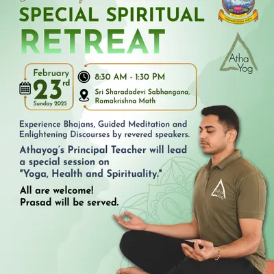 We were honored to host this special spiritual retreat at Ramakrishna Math. This poster shows our principal teacher leading a session on Yoga, Health, and Spirituality, alongside revered speakers for a day of bhajans and guided meditation.