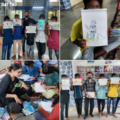 In a workshop with employees from Amazon, our children in Pune drew their visions of the future. This activity encouraged them to think creatively about technology and AI, and then present their ideas with newfound confidence.