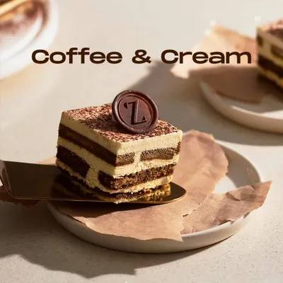 My Tiramisu is a timeless classic. I layer coffee-soaked ladyfingers with a creamy mascarpone mousse and finish it with a dusting of cocoa and our signature chocolate seal.