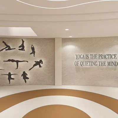 Peace deserves a beautiful space. We designed this yoga studio with a clean, open layout and inspiring wall art to create a calm and focused environment for practice.