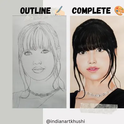 From a simple outline to a fully rendered oil painting. This before-and-after shows my process for creating a colorful portrait of Blackpink's Lisa, building up layers of color to achieve a realistic skin tone and texture.