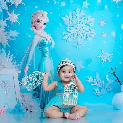 Welcome to Arendelle. Dressed as a little snow queen with her crown, this baby is ready for a magical adventure in our Frozen-themed winter wonderland.