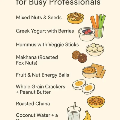 For busy professionals, having healthy snacks on hand is crucial. This list includes ten easy and nutritious options like mixed nuts, makhana, and hummus with veggie sticks to keep you energized through the day.