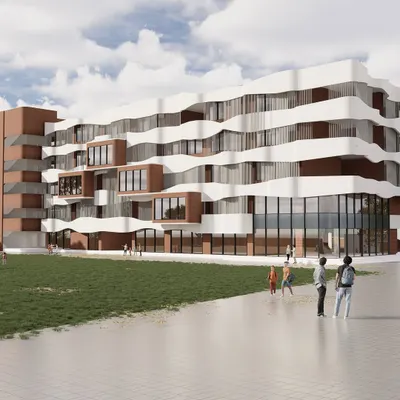 This render shows Phase 1 of the AWE India School in Rajasthan. The design features soft, inviting curves for the primary wing and a projected facade that shades labs and classrooms, blending aesthetics with functional, climate-responsive design.