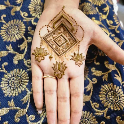 A modern, jewellery-style design for the palm. This pattern features a central geometric element with hanging lotus charms, giving it a delicate look.