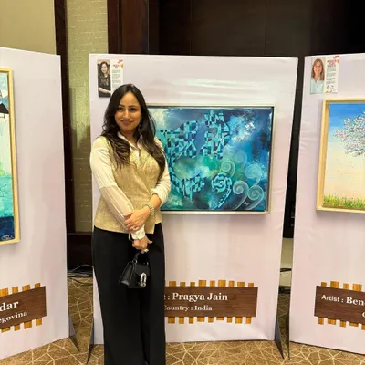 Standing with my painting at the SDGs Through Arts exhibition in India. Being part of a United Nations and UNESCO affiliated event was a significant moment for me, connecting my art to a global conversation.