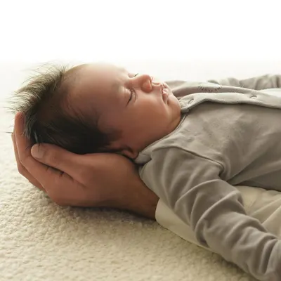 A newborn baby in a grey onesie rests peacefully, their head cradled in a parent's hand. This shot, taken on a soft blanket, highlights the trust and comfort of an at-home session.