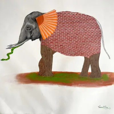 This painting illustrates the ancient parable of the 'Six Blind Men and an Elephant'. Each part of the elephant is depicted as the men perceived it: a snake, a fan, a tree trunk, a brick wall, a rope, and a spear. It was a fascinating conceptual challenge commissioned by a client.