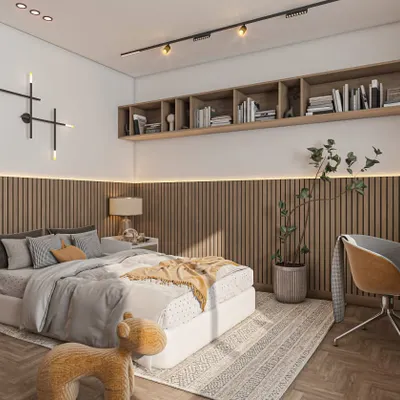 This sunlit bedroom combines natural wood tones with white walls for a warm and modern feel. The room includes a spacious bed and a dedicated desk area, perfect for a student.