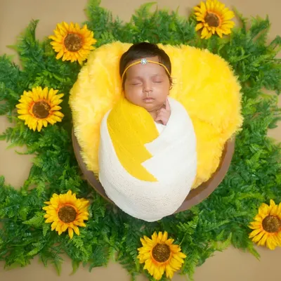 We design adorable themes to match your little one's sweetness. This newborn is safely swaddled and surrounded by bright sunflowers, creating a cheerful and heartwarming portrait that you will cherish forever.