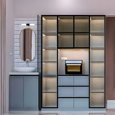 A modern crockery and utility unit designed for a dining area. It features a combination of glass-front cabinets with internal lighting for display, closed drawers for storage, and a dedicated niche for a microwave.