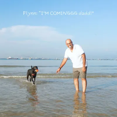 A funny sequence captured in Singapore shows Flynn the dog running excitedly toward his dad at the beach, ready to play.