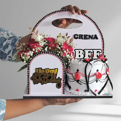 This is my signature cake and flower hamper, a perfect all-in-one gift. It features a beautifully decorated mini cake alongside a fresh floral arrangement, personalized for your best friend or loved one.