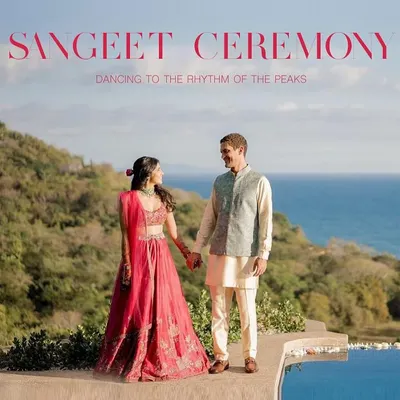 Dancing to the rhythm of the peaks in Costa Rica. For this destination Sangeet, we styled the couple in looks that were elegant, vibrant, and harmonious with the stunning mountain and ocean backdrop.