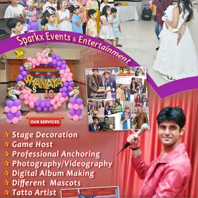 A summary of the wide range of services my company, Sparkx Events & Entertainment, offers. We are a one-stop solution for stage decoration, game hosting, anchoring, photography, mascots, and much more.