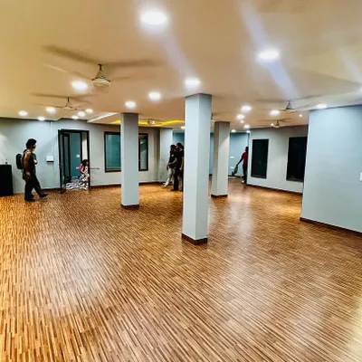 A wide view of our dance studio in CR Park, New Delhi. With its wooden floors and full-length mirrors, it's the perfect space to begin or continue your dance journey.