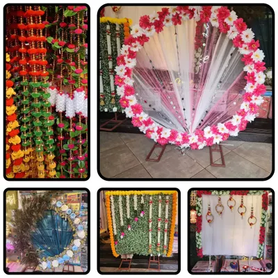 A collage showcasing our beautiful Ganpati decoration frames and supplies. You can see various styles, from floral rings and peacock feather backdrops to traditional garlands, all available at my store.