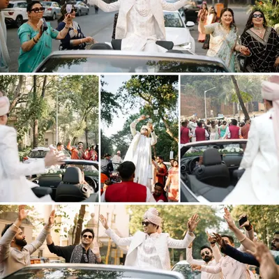 The groom's baraat was a full-on street party! We organized this grand procession with the groom in a convertible, surrounded by his dancing friends and family.