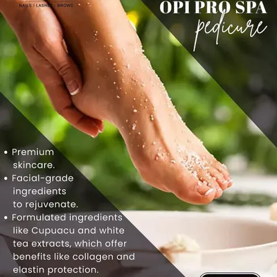 An introduction to our OPI Pro Spa Pedicure. This premium service uses facial-grade ingredients like Cupuacu and white tea extracts to rejuvenate and protect your skin.