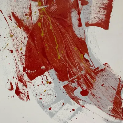 An abstract work in acrylic on canvas, created for the movie "CHUP: Revenge of the Artist." The piece uses a restricted palette of red, grey, and white to create a sense of dynamic, almost violent, energy.