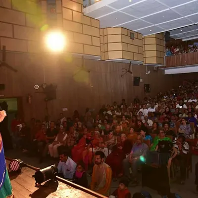 Addressing a full auditorium during the premiere of our production 'Malavikaagnimitram'. It is a privilege to share these stories with such large and appreciative audiences, keeping the tradition of stage performance alive.