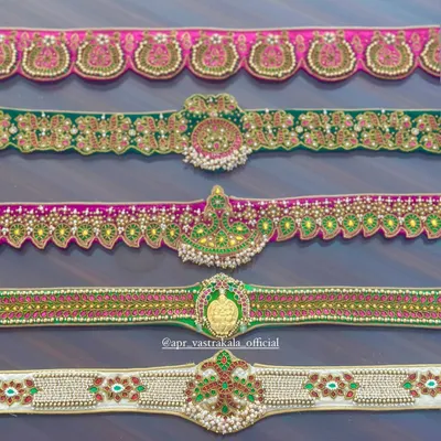 A collection of our versatile, custom-embroidered waist belts. We design them in various styles, from traditional temple motifs to delicate floral patterns, to perfectly match your saree or half-saree.