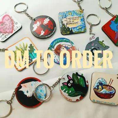 Here's a look at the variety of custom keychains I can paint. Whether you're a fan of Studio Ghibli, Naruto, or Van Gogh, I can create a personalized wooden keychain just for you.