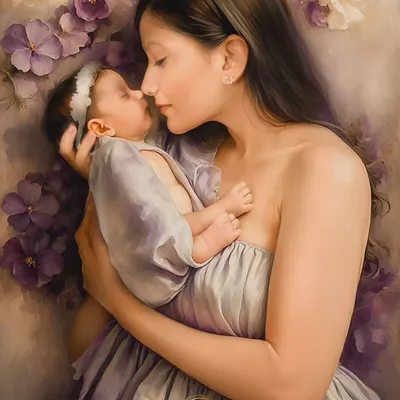 An artistic, painting-like portrait of a mother holding her newborn, reminiscent of a classic masterpiece. This is part of my fine-art editing style.
