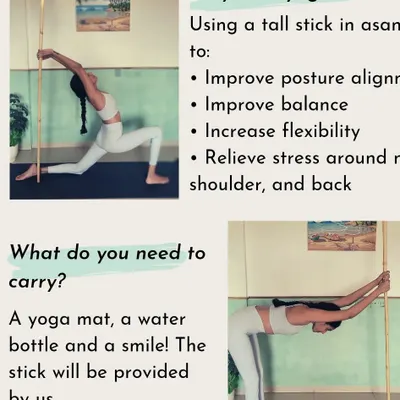 This graphic explains the key benefits of Stick Yoga. The stick acts as a guide to help relieve stress in the neck and shoulders, improve balance, and find correct posture alignment in various asanas.