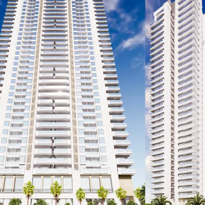 Two perspectives of the 35-floor luxury tower planned for central Noida. The design features clean lines and expansive balconies for each of the 264 apartments, creating a sleek and contemporary residential facade.