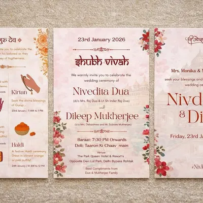 A full view of the invitation suite for Nivdita and Dileep. It features three coordinated cards for the wedding ceremony, event schedule, and blessings, all tied together with a consistent floral and temple motif design.
