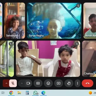 A screenshot from our online kindness workshop, showing kids from different places interacting and sharing ideas.