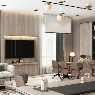 This render showcases a multi-functional executive office, combining a formal meeting area with a comfortable lounge space. The design utilizes light wood paneling, a neutral color palette, and integrated technology like a projector screen to create a versatile and high-end corporate environment.