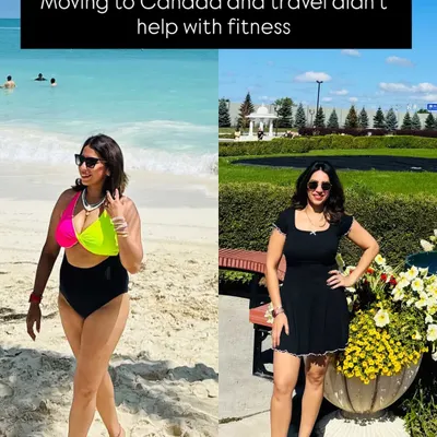 A side-by-side comparison showing a client's transformation journey, highlighting the change in body composition and confidence. This is proof that you can reclaim your fitness even after major life changes like moving to a new country.