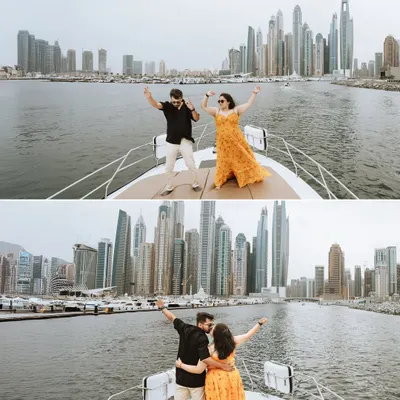 A collage of a couple's joyful celebration on a yacht, with the impressive Dubai Marina skyline in the background. Their energy is as vast as the city behind them.