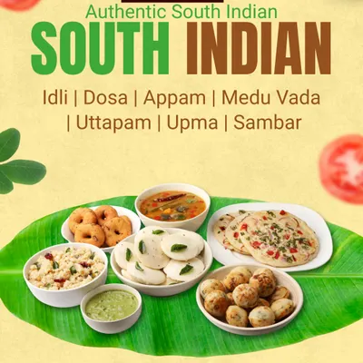 Our authentic South Indian tiffin spread, featuring soft Idli, crispy Dosa, savory Medu Vada, fluffy Appam, flavorful Uttapam, and wholesome Upma with Sambar.